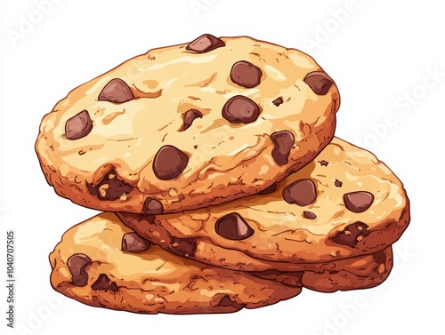 Delicious chocolate chip cookies stacked on a white isolated background.