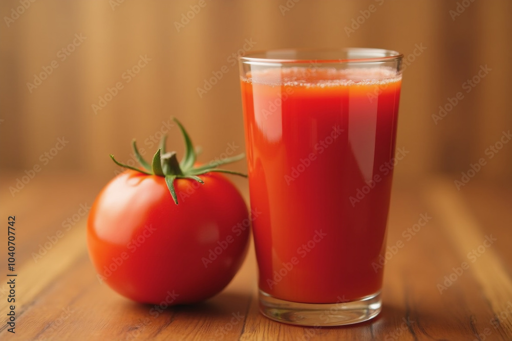 A ripe red tomato and a glass of tomato drink on a wooden table surface. AI generative. A ripe red tomato and a glass of tomato drink on a wooden table surface. AI generative.