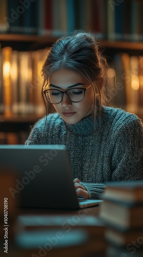 Focused and engaged, a young woman in a sweater types on her laptop in a dimly lit library, surrounded by shelves of books, absorbing knowledge late at night