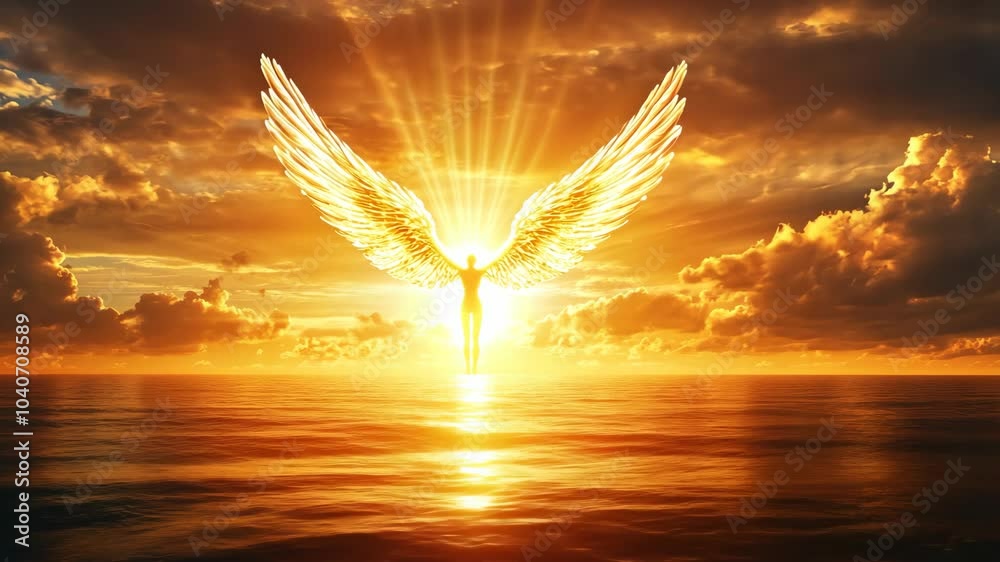 An angel with large, golden wings soars through the sky above a vast ocean during a vibrant sunset