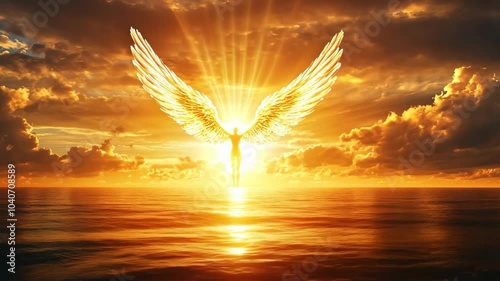 An angel with large, golden wings soars through the sky above a vast ocean during a vibrant sunset