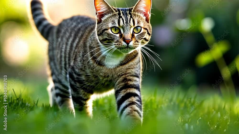 A tabby cat walks through tall grass on a sunny day