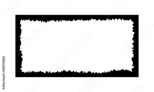 Rectangular frame with jagged inner borders for collage, photo, picture. Sheet of paper with torn internal edges. Decorative vignette isolated on white background. Vector graphic illustration.