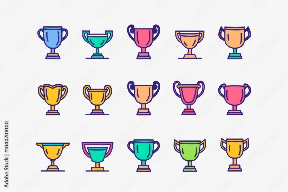Trophy cups, golden goblet, silver reward, champion bowls. Contest winner award collection, prize cup
