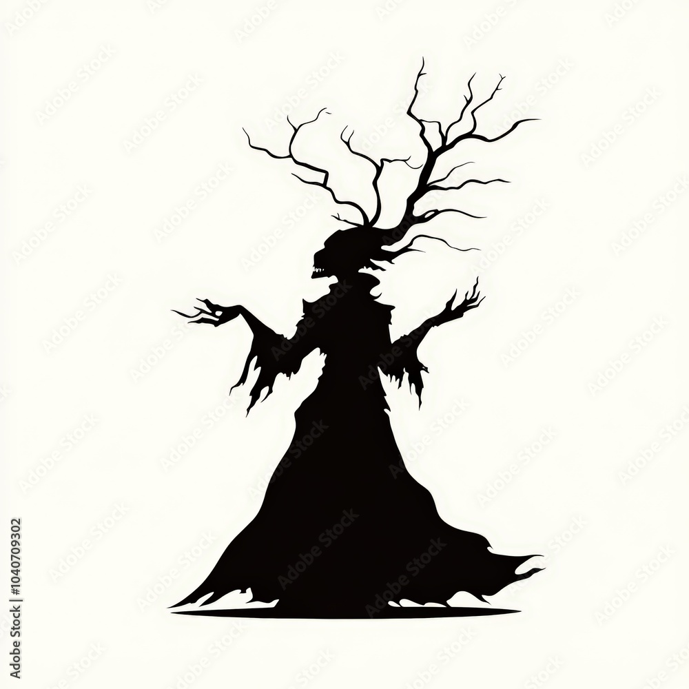 Silhouette of an ominous figure with twisted branches and a flowing gown. Silhouette of an ominous figure with twisted branches and a flowing gown.