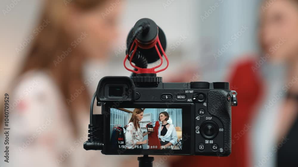 Rear view behide camera screen display two women influencer shoot vlog video review clothes prim social media or blog. Girls with apparel studio lighting for live streaming marketing recording session Rear view behide camera screen display two women influencer shoot vlog video review clothes prim social media or blog. Girls with apparel studio lighting for live streaming marketing recording session
