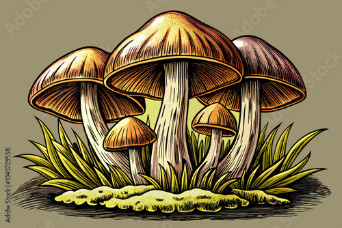 cap mushrooms vector illustration with grass, aesthetics hand drawn sketch