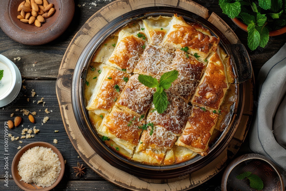 Umm Ali Egyptian Dessert, Egyptian Bread Pudding Made with Sweet Pastry Dough Layers, Milk, Sugar Umm Ali Egyptian Dessert, Egyptian Bread Pudding Made with Sweet Pastry Dough Layers, Milk, Sugar