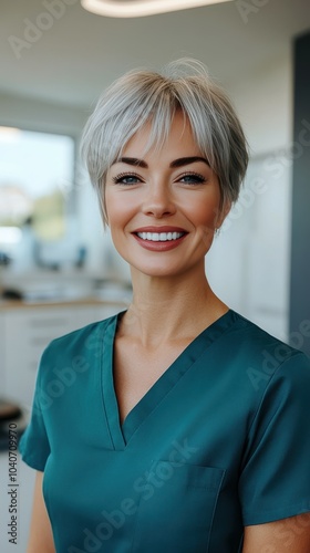 A friendly healthcare worker with short, silver hair smiles warmly while wearing green scrubs in a bright, contemporary clinic environment, showcasing a welcoming atmosphere