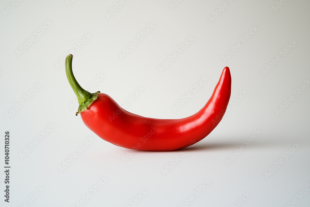A single red chili pepper, centered on a plain white background. The pepper is vibrant and glossy, with a natural curve and a green stem. A single red chili pepper, centered on a plain white background. The pepper is vibrant and glossy, with a natural curve and a green stem.