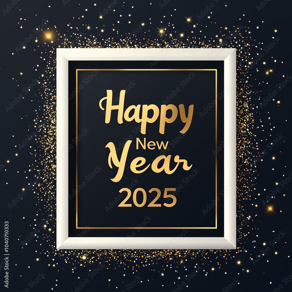 A black and white frame with a bow and the words Happy New Year 2025. The frame is surrounded by glitter and stars A black and white frame with a bow and the words Happy New Year 2025. The frame is surrounded by glitter and stars