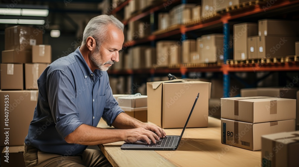 Senior man working on laptop in a warehouse filled with stacked cardboard boxes during the day Senior man working on laptop in a warehouse filled with stacked cardboard boxes during the day