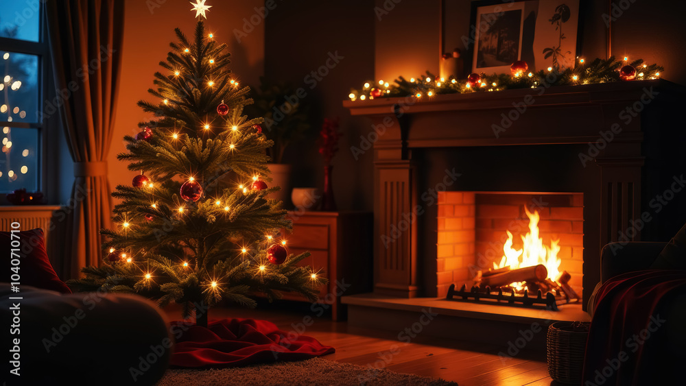 room with a Christmas tree with garlands and a burning fire in the fireplace in the semi-darkness room with a Christmas tree with garlands and a burning fire in the fireplace in the semi-darkness