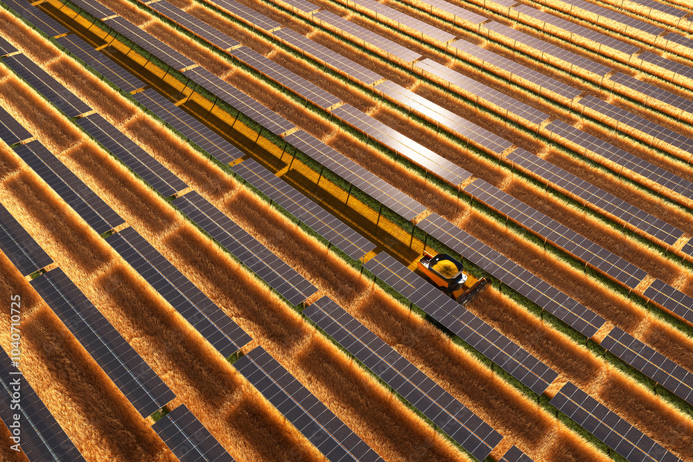 Aerial View of Solar Panels and Agriculture Harvester in Sustainable Farm