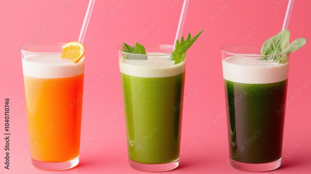 Three vibrant juices in clear glasses against a pink background, AI