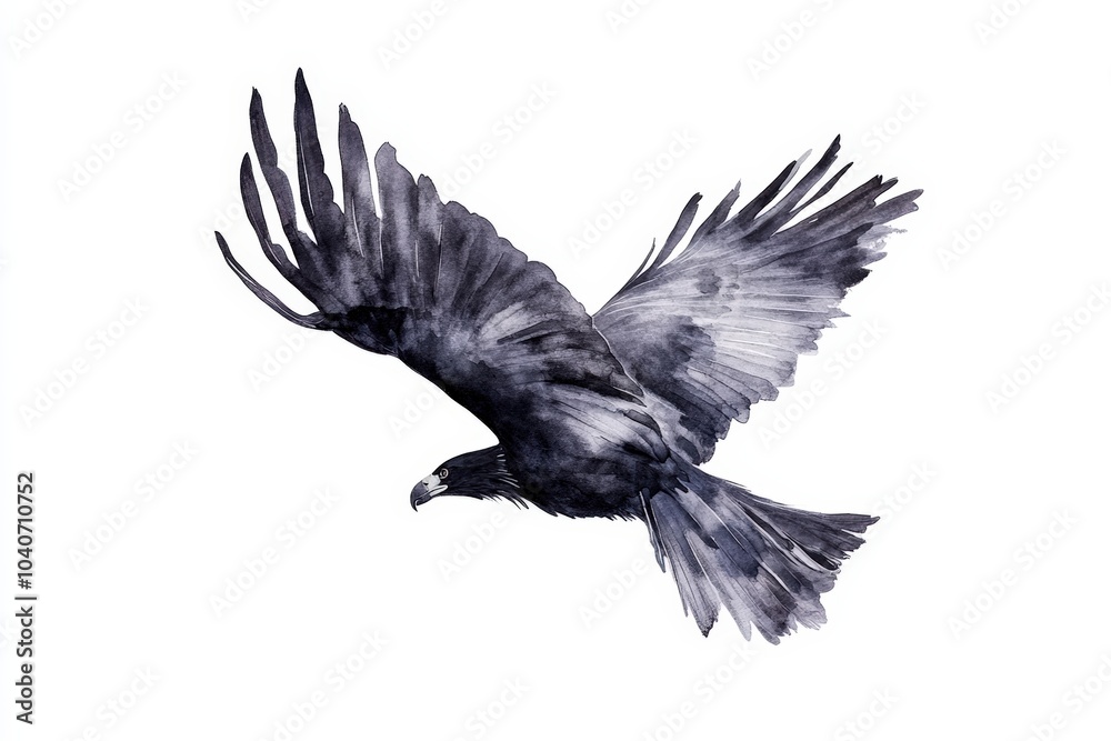 Naklejka premium Black bird in flight, white isolate background