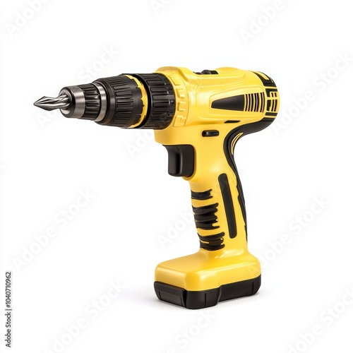 Yellow cordless drill, isolated on white background.