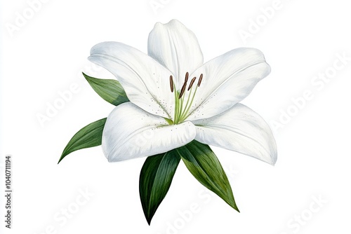 White lily flower with green leaves on white isolated background.
