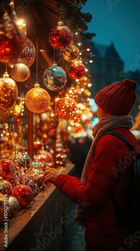 A visitor gazes at a display of vibrant Christmas ornaments in a bustling market, illuminated by twinkling lights on a winter evening in December