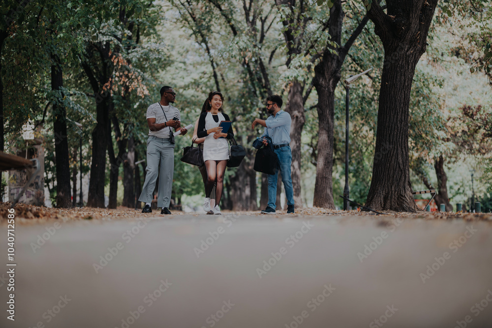 Three business people walking and discussing work outside in a beautiful park. The image captures casual networking, teamwork, and collaboration amidst nature. Three business people walking and discussing work outside in a beautiful park. The image captures casual networking, teamwork, and collaboration amidst nature.