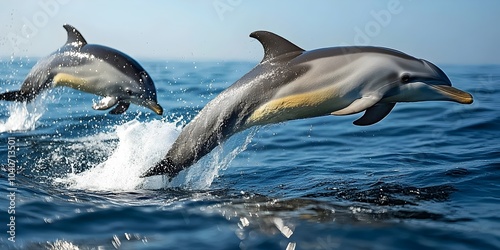 Two dolphins joyfully leap through the ocean waves under a clear blue sky, showcasing grace and agility in their natural habitat.