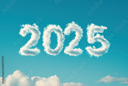 celebrate 2025 written with white clouds in the blue sky, new years eve, photorealistic