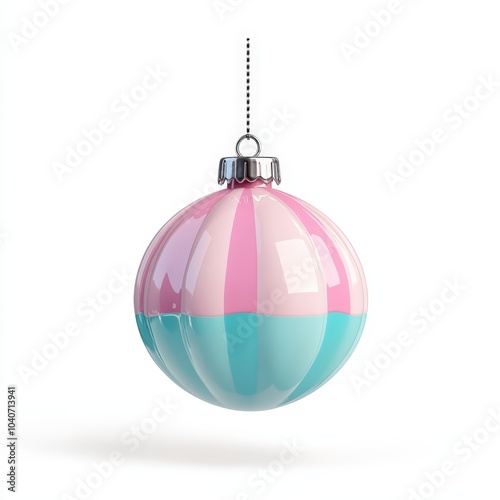 Colorful striped ornament hanging on a silver hook, white isolated background. photo