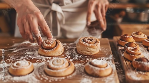 A baker is making delicious pastries in a bakery. She is carefully placing the dough on a baking sheet.