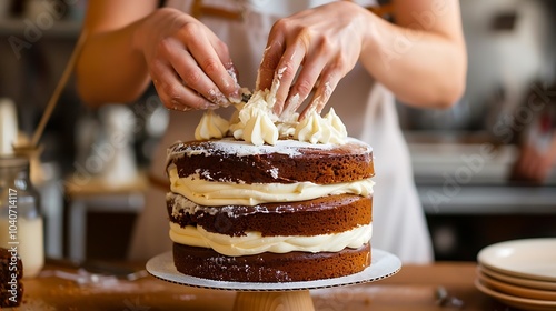 This image shows a close-up of a person's hands frosting a chocolate cake with white icing. photo