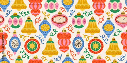 Seamless festive pattern with Christmas ornaments, bells, and decorative swirls. New year joys, with traditional shapes: baubles, bells, and stars. Retro print for fabric, wrapping paper or cards.