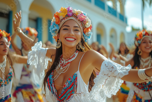 Mujeres en polleras panameñas bailan y cantan en las coloridas calles coloniales, celebrando las fiestas patrias. photo