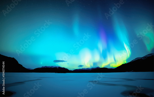 Stunning winter landscape: the night sky with the northern lights reflected in the water of a mountain lake. Night winter landscape with aurora. Borealis. photo