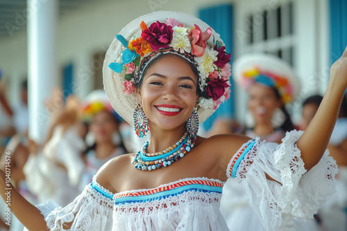 Mujeres con polleras panameñas recorren las calles coloniales, bailando al son de la música típica en las fiestas patrias.