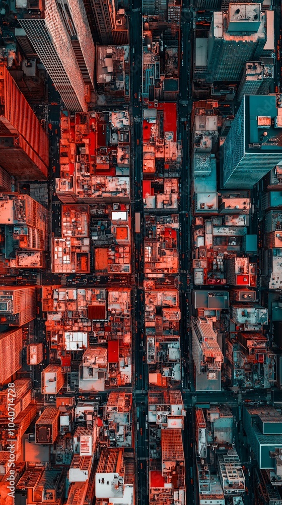 Fototapeta premium Aerial view of a vibrant urban cityscape during twilight showcasing grid streets and illuminated buildings