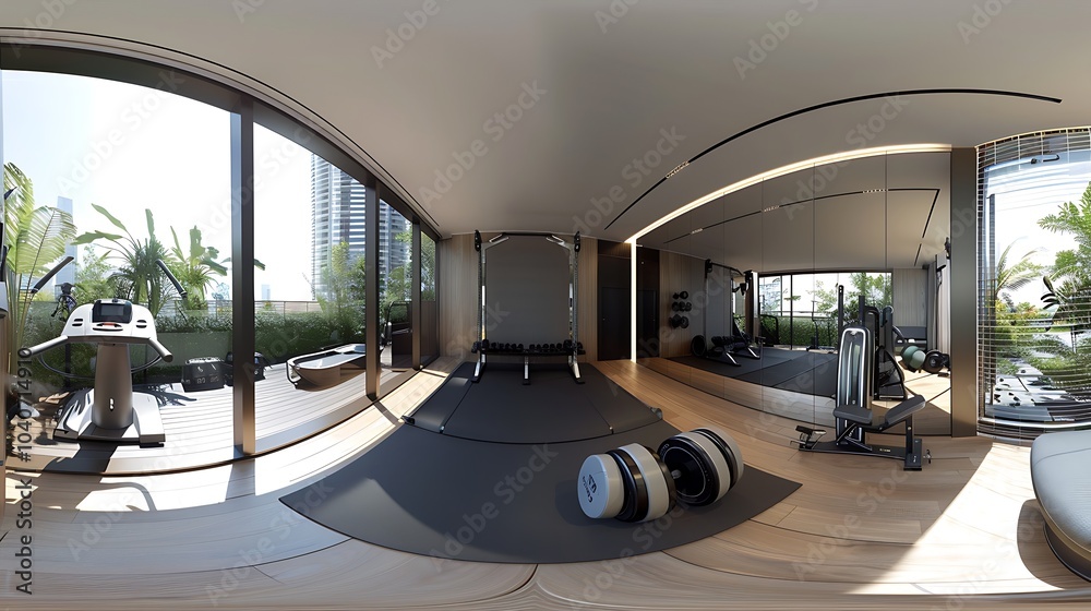 A modern home gym with a treadmill, weight bench, dumbbells, and exercise bike. A modern home gym with a treadmill, weight bench, dumbbells, and exercise bike.