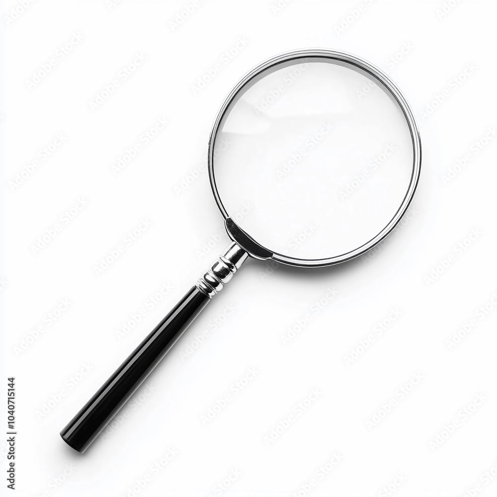Classic Magnifying Glass with Black Handle Isolated on White Background. Tool for Inspection, Search, and Close Examination. Classic Magnifying Glass with Black Handle Isolated on White Background. Tool for Inspection, Search, and Close Examination.