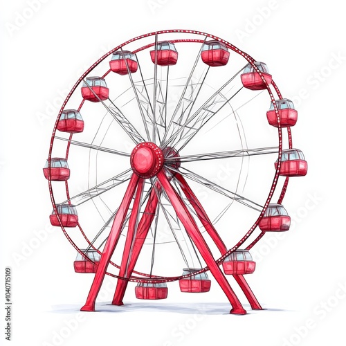 Colorful ferris wheel with red cabins, white isolated background. photo