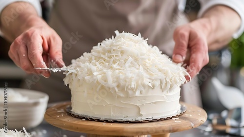 Confectioner decorates the top of a cake with coconut flakes, using a knife to carefully spread them out evenly. photo