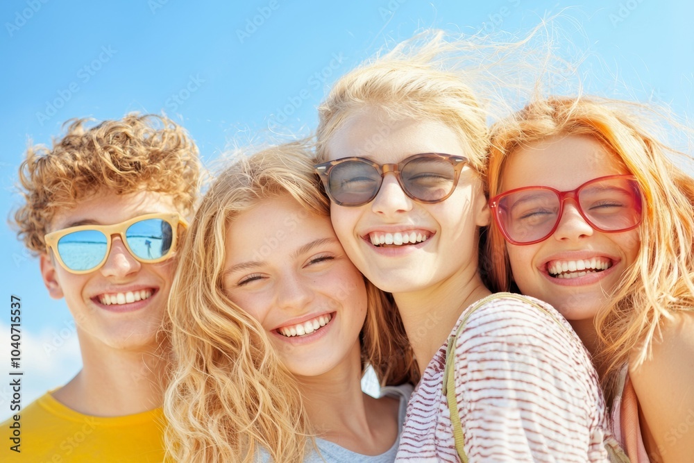 Four young people are smiling and wearing sunglasses Four young people are smiling and wearing sunglasses