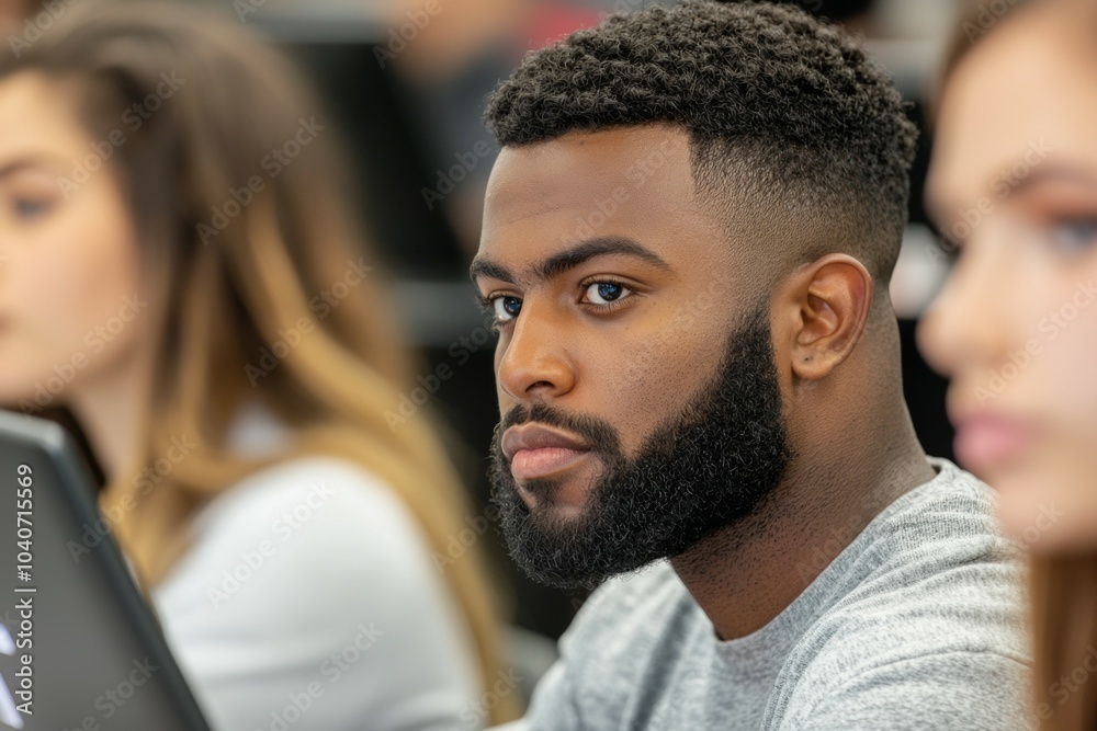 A man with a beard and a woman with long hair are sitting in a classroom, class for adults A man with a beard and a woman with long hair are sitting in a classroom, class for adults