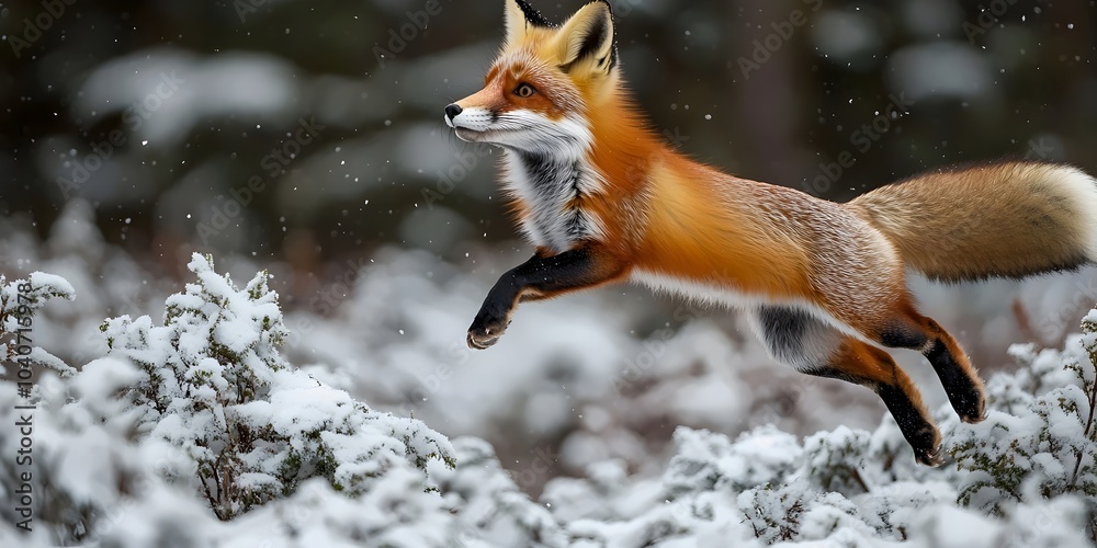 Obraz premium A vibrant red fox leaps gracefully through a snowy forest landscape, showcasing its agility and the striking contrast against the wintry backdrop.