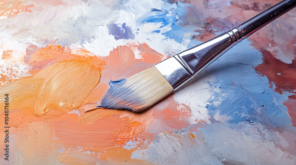 Fototapeta premium Divots with a Wide Paint Brush, Colors Orange, Milky, Blue, Graphite Red, Generative AI