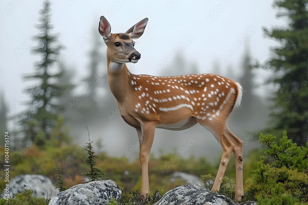 A majestic young deer stands elegantly amidst a misty forest, displaying its distinctive white spots against a backdrop of lush greenery and scattered rocks. A majestic young deer stands elegantly amidst a misty forest, displaying its distinctive white spots against a backdrop of lush greenery and scattered rocks.