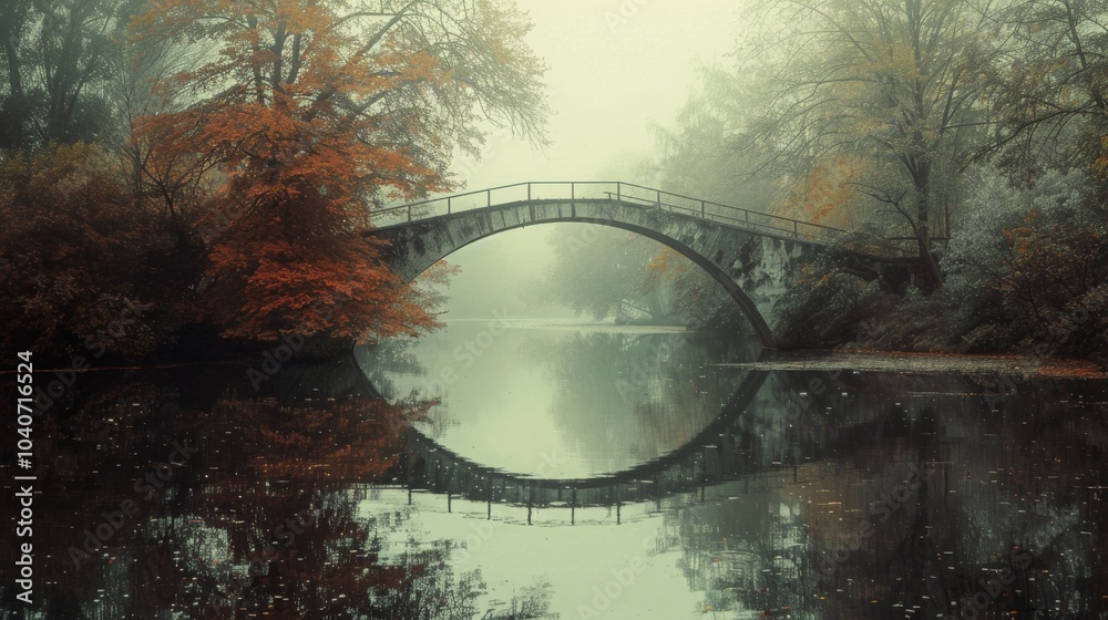 Fototapeta premium A stone bridge arches over a still pond in a foggy forest, creating a perfect reflection.