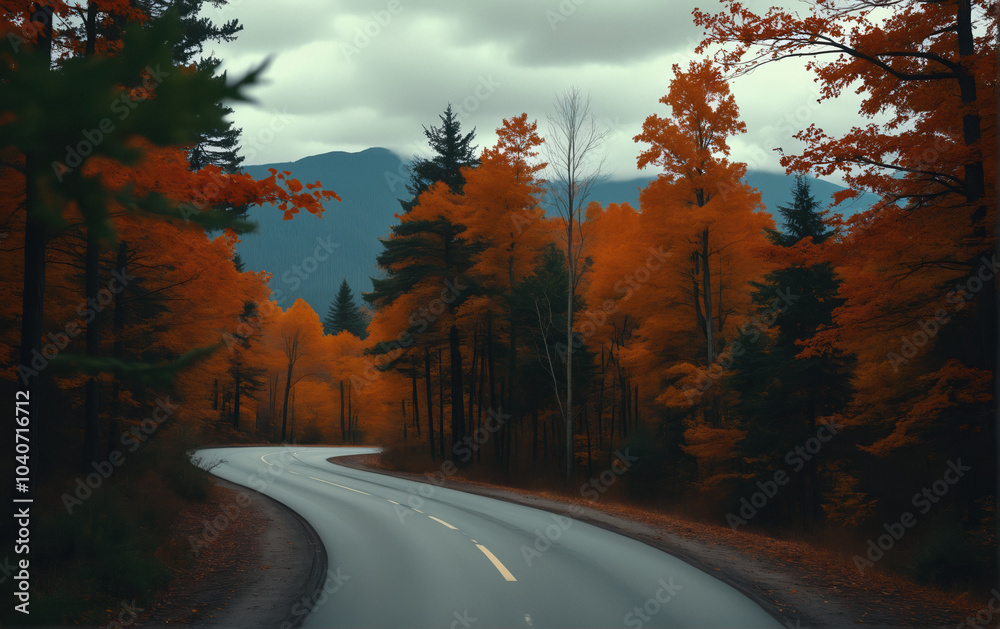 Autumn landscape: beautiful autumn forest with bright foliage against the background of a gray sky in clouds. Asphalt highway through the forest. Autumn landscape: beautiful autumn forest with bright foliage against the background of a gray sky in clouds. Asphalt highway through the forest.