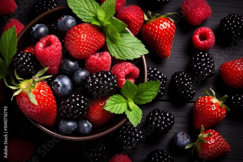 Fresh mixed berries in a bowl with mint leaves on a dark wooden surface