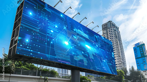 A large digital billboard displays a blue and black image of a circuit board with a glowing blue dot in the center.