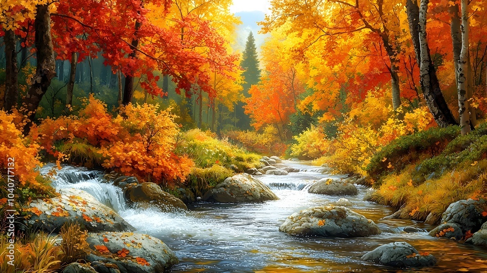 A serene autumn forest scene featuring vibrant fall foliage and a gentle stream flowing over rocks, creating a picturesque and tranquil landscape. A serene autumn forest scene featuring vibrant fall foliage and a gentle stream flowing over rocks, creating a picturesque and tranquil landscape.