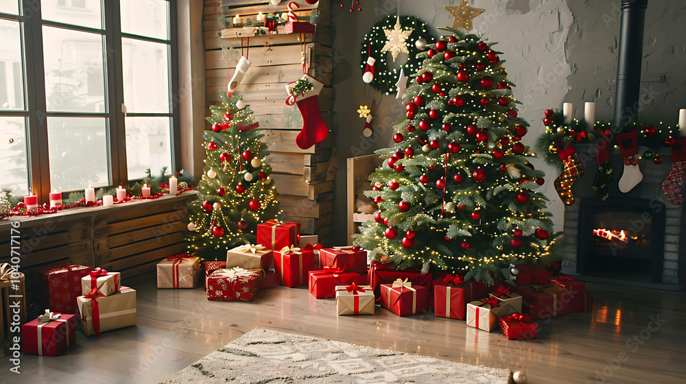 This is a beautiful living room with a large Christmas tree decorated with red and gold ornaments.