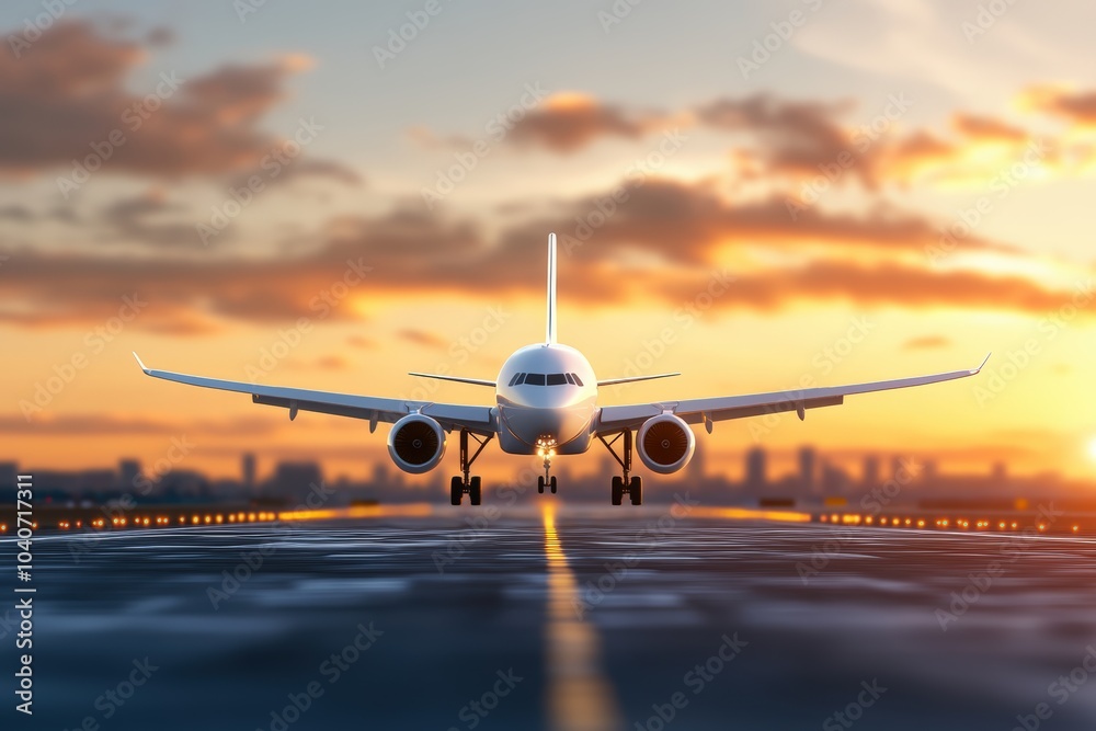 Airplane taking off with sunset sky and cityscape in background. Airplane taking off with sunset sky and cityscape in background.